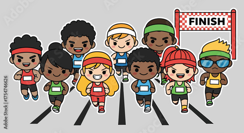 Cartoon runners sprint towards the finish line on a gray track, showcasing diversity and determination in a vibrant and energetic scene.