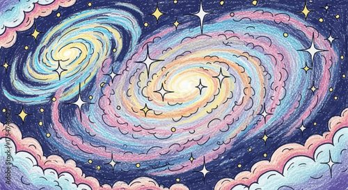 Whimsical pastel illustration of two swirling galaxies surrounded by stars and clouds.