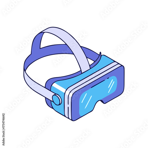 Isometric illustration of a blue virtual reality headset with a white strap on a white background.