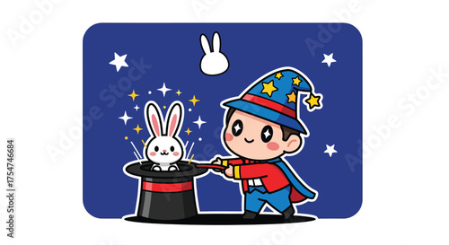 Cute magician pulling a white rabbit out of a black top hat surrounded by stars on a blue stage, creating a whimsical and enchanting scene.