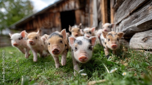 Group of adorable piglets walking towards the camera in a lush green farmyard setting