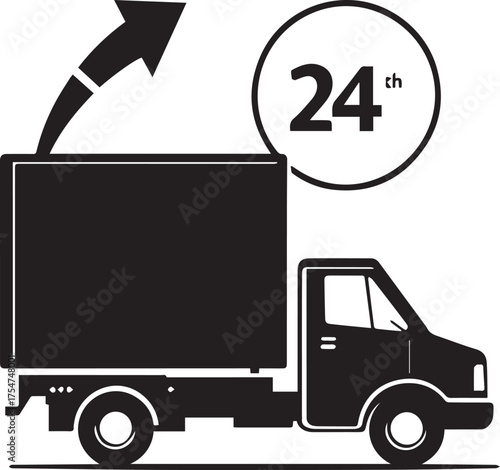Black and white vector illustration of delivery truck with upward arrow and “24th” logistics symbol