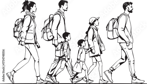 Family group travel vector illustration with adults and children walking together in companionship