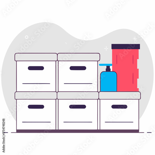 Illustration of organized storage boxes and cleaning supplies