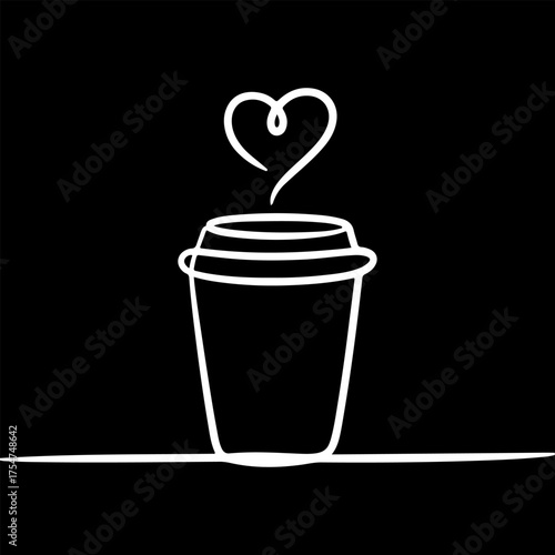 Minimalist single line art of a steaming coffee cup with a heart above representing love for coffee