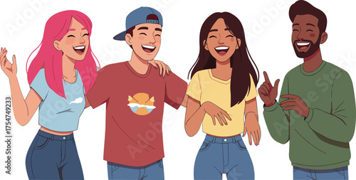 Happy group of young friends laughing together, joyful friendship and diversity concept, modern cartoon vector illustration of youth connection