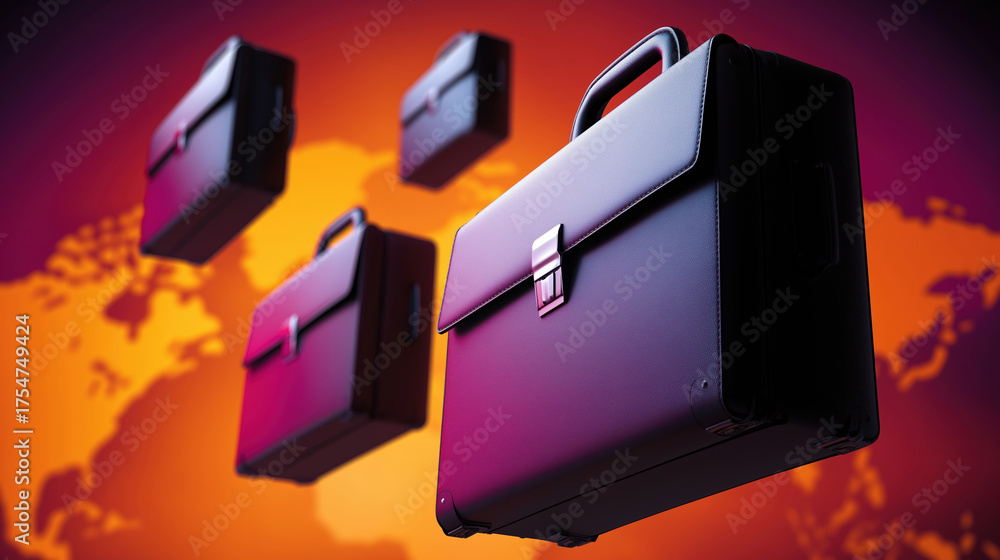 Obraz premium Business briefcases floating over a colorful world map background