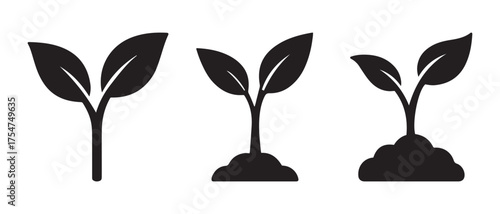 Seedling Growth Silhouette Icons. Vector Set of Young Plant Sprouts with Soil Variations.