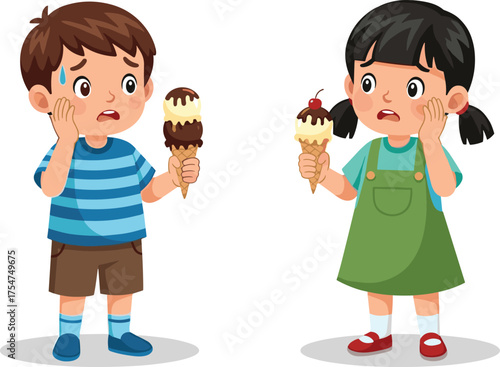 Sad boy and girl with ice cream having toothache, children feeling pain while eating cold dessert, dental health illustration concept