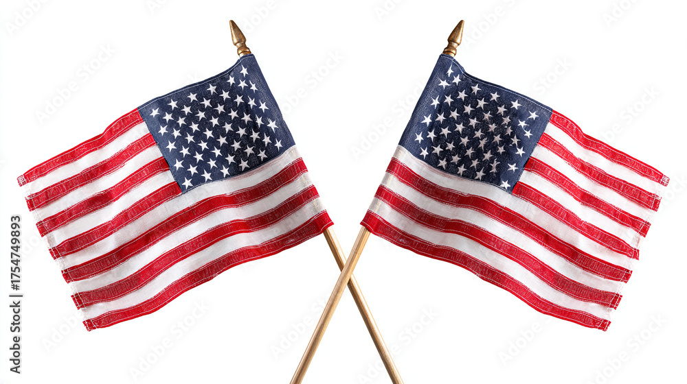 Obraz premium Two american flags crossed on sticks waving against a plain white background