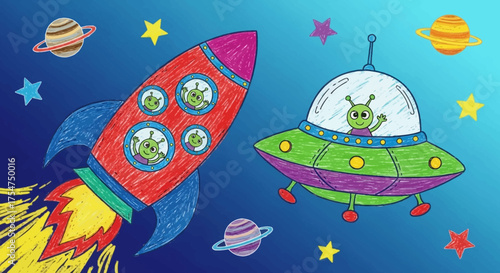 Colorful illustration of a rocket ship and UFO with friendly alien characters in space.