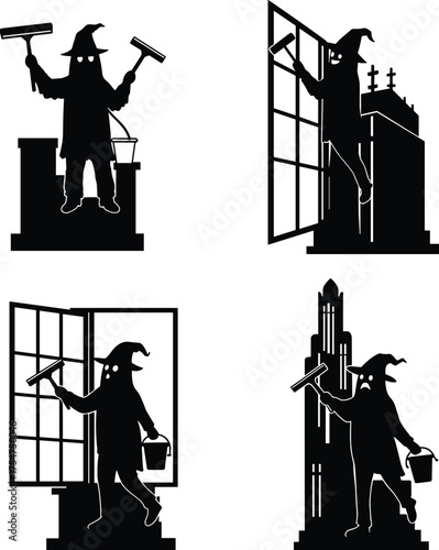 Wizard window cleaner, gothic cathedral silhouette, surreal architecture art, spooky humor illustration, paranormal fantasy design, supernatural satire, eerie night scene, whimsical