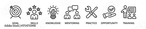 Intership banner icon with goal, skills, knowledge, mentoring, practice, opportunity, training