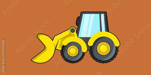 Cartoon Construction Loader Truck, Yellow Bulldozer Vector Illustration