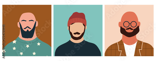 Abstract man portraits set. Faceless male character. Person poster, head avatar, hand drawn vector illustration.