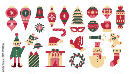 Geometric Christmas Elements Set with Christmas Tree Decorations, Fireplace, Snowman, Mask, Candy, Gingerbread Man and Elf Character. Modern Vector Flat Illustration.