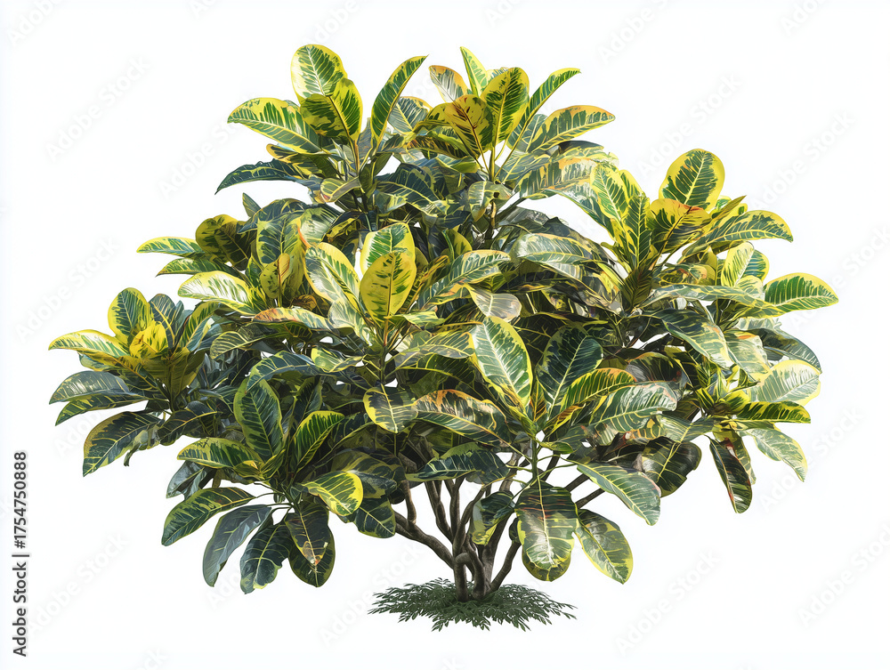 Fototapeta premium Lush tropical croton plant with yellow and green variegated leaves isolated on white background.