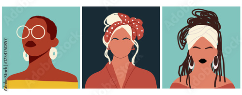 Abstract woman portraits set. Faceless female character. Person poster, head avatar, hand drawn vector illustration.