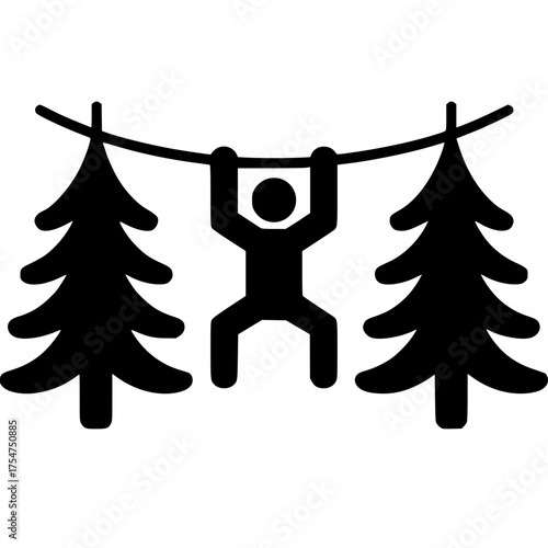 Adventure in the Wilderness: A silhouette of a person grips a tightrope, suspended between two towering evergreen trees, embodying the thrill of outdoor recreation and physical challenge.
