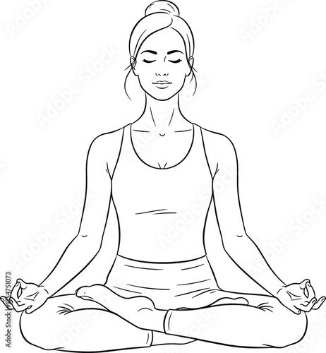 Woman practicing yoga meditation in lotus pose, peaceful mindfulness exercise, relaxation and balance, healthy lifestyle and mental wellness concept illustration.