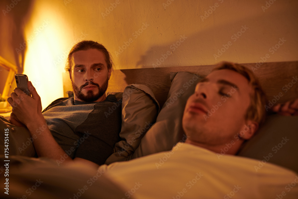 Fototapeta premium After a romantic date, a gay couple reflects on their evening in a cozy bedroom space