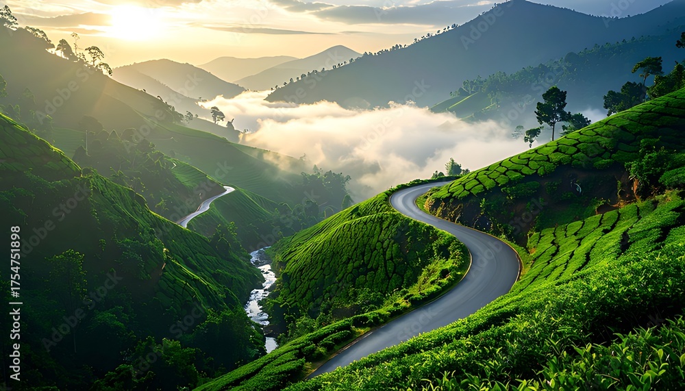 Fototapeta premium Scenic Mountain Road with Lush Greenery and Morning Mist.