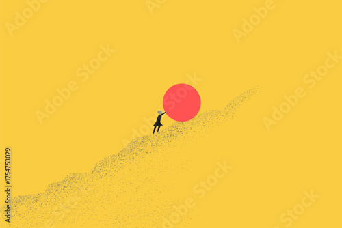 Business woman pushing heavy ball up the cliff. Business concept