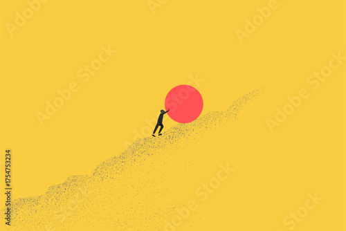 Businessman pushing heavy ball up the cliff. Business concept