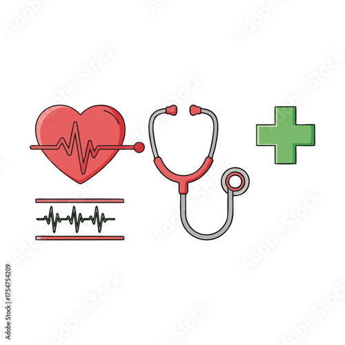 Medical symbols heart rate monitor, stethoscope, and green cross representing healthcare and wellness