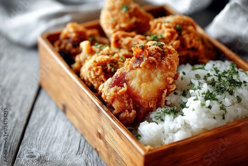 Close-up view photography of a refined  fried chicken in a bento box over whitewashed wood background