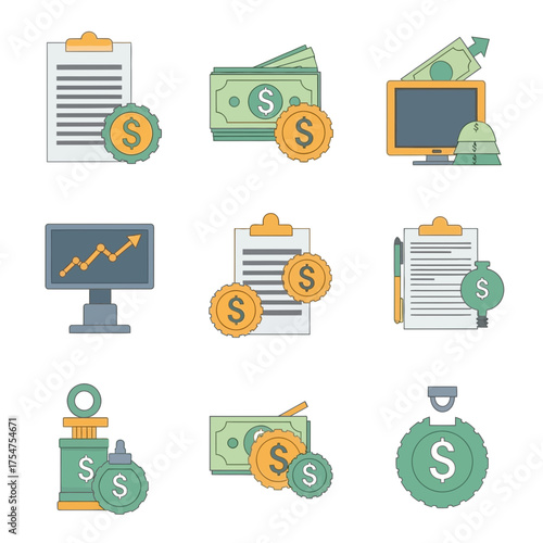 Financial icons set illustrating money business and investment concepts