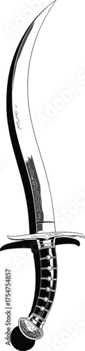 Elegant curved sword illustration, black and white scimitar design, detailed blade art with ornate handle, fantasy weapon vector drawing