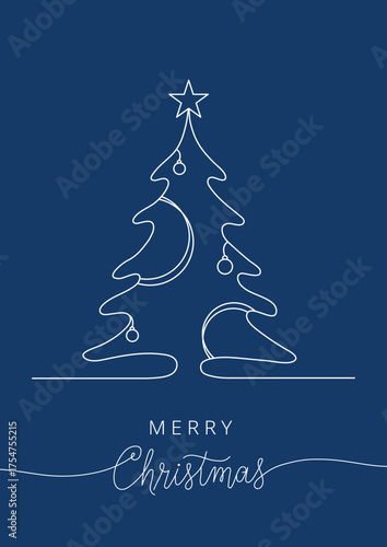 Continuous one line art christmas tree on blue background. Elegant vertical vector card.