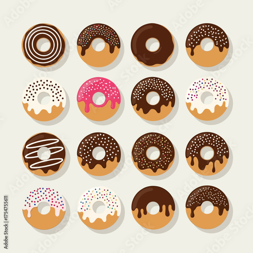 Overhead view of assorted donuts arranged in a grid