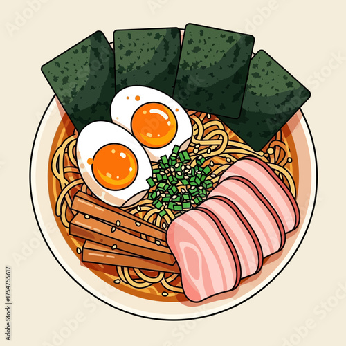 Overhead view of a ramen bowl with assorted ingredients