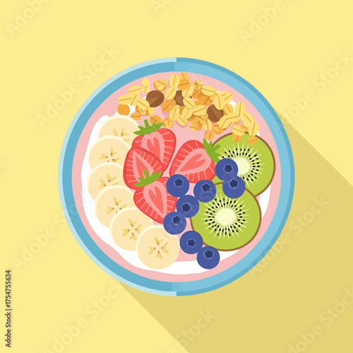 Overhead view of a bowl of oatmeal with fresh fruit on a yellow background