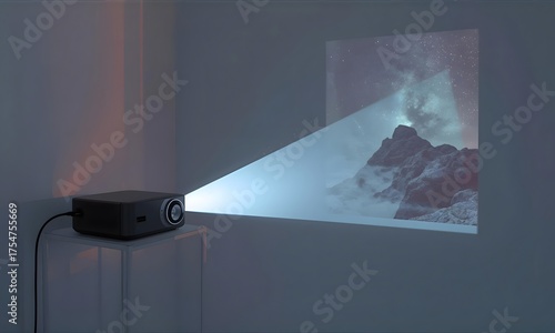 A compact home cinema projector on a stand, casting a beam of light to display a stunning mountain landscape onto a blank wall
