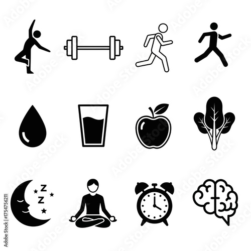 Set of minimalist health and wellness icons representing fitness food and mental well being suitable for various applications
