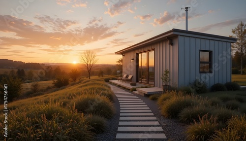 Elegant eco friendly heat pump unit beside contemporary house pathway at sunset symbolizing modern design environmental awareness and sustainable lifestyle