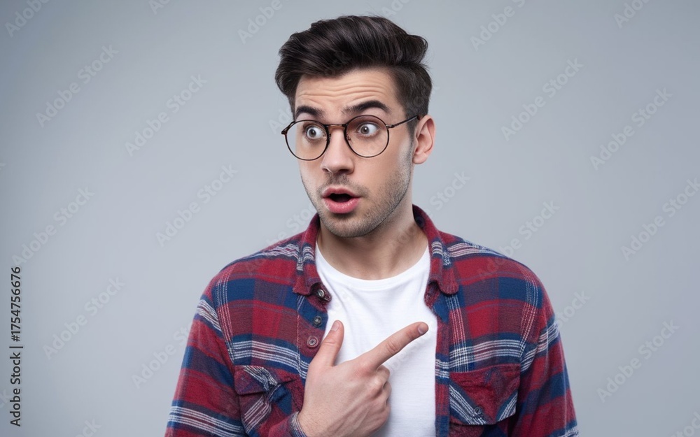 Fototapeta premium Surprised young man points to his left wearing glasses and a colorful flannel shirt