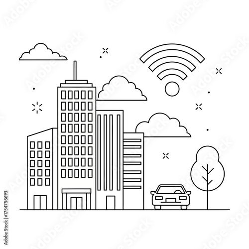 Urban skyline illustration with wi fi symbol vector