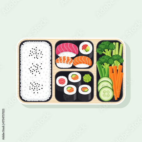 Arrangement of various food items in individual compartments on a light background