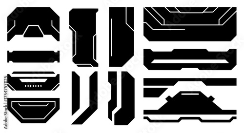 Collection of high-tech futuristic shapes. Monochrome vector elements for cyberpunk UI, sci-fi decals, gaming assets, and techwear fashion design.