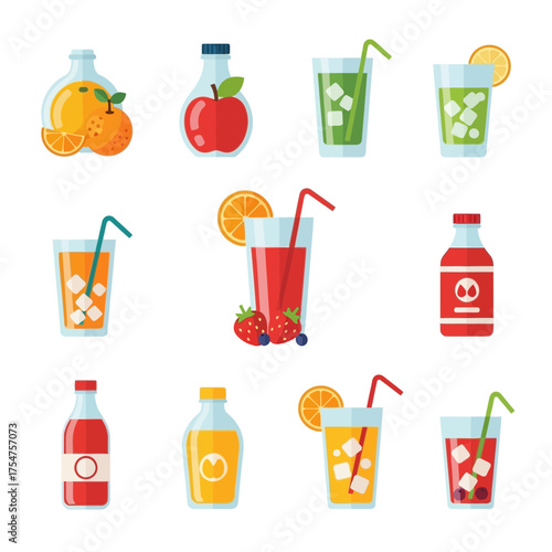 Assorted beverages collection refreshing drinks isolated white background