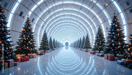 a large, white, glowing tunnel with lights, christmas trees on both sides of the composition, lights and decorations around it, a white floor with reflections, in a futuristic style, with hyper-realis