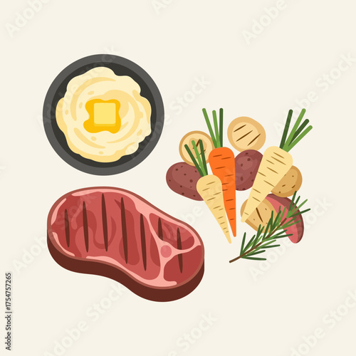 Assorted prepared food dishes steak and accompaniments culinary illustration