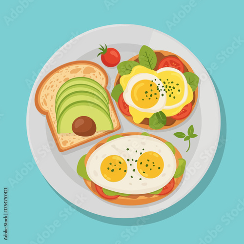 Breakfast plate illustration with avocado toast and fried eggs