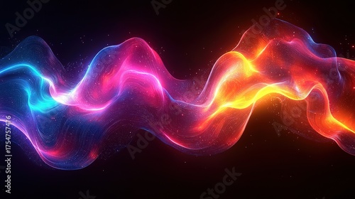 3D Render of Colorful Neon Light Waves on Black Background, UV Spectrum
