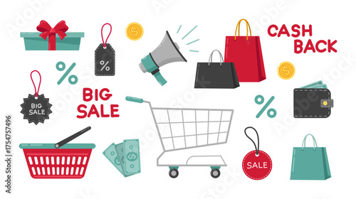 Black Friday sale vector illustration set with shopping cart, bags, wallet, money, megaphone, percent signs, and gift box. Promotion banners, marketing, and online shopping ads.