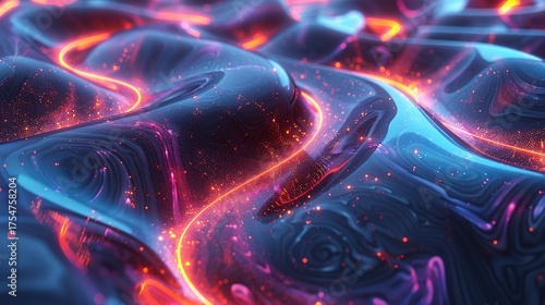 3D Render of Colorful Neon Light Waves on Black Background, UV Spectrum
